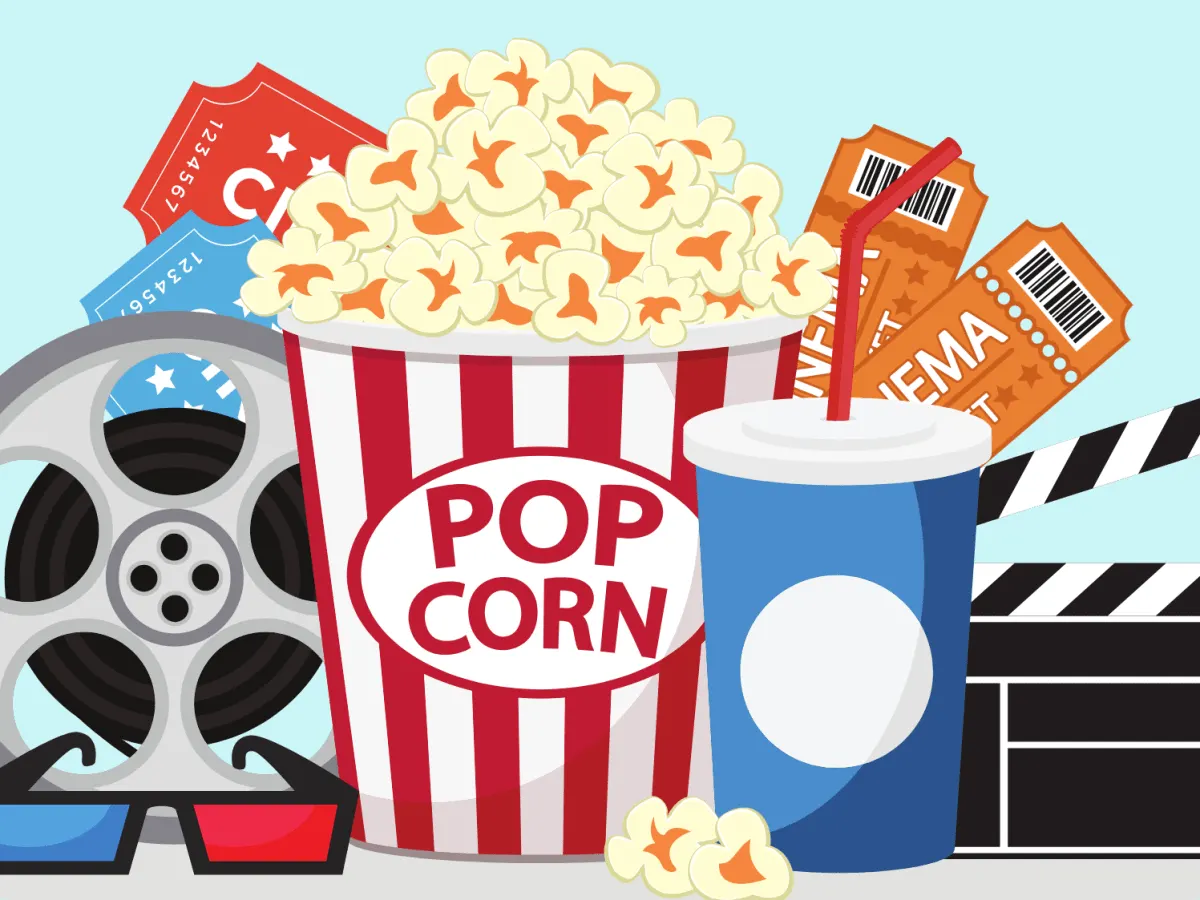 Illustration d'un bac de pop corn, d'une bobine de film et d'un clapet
