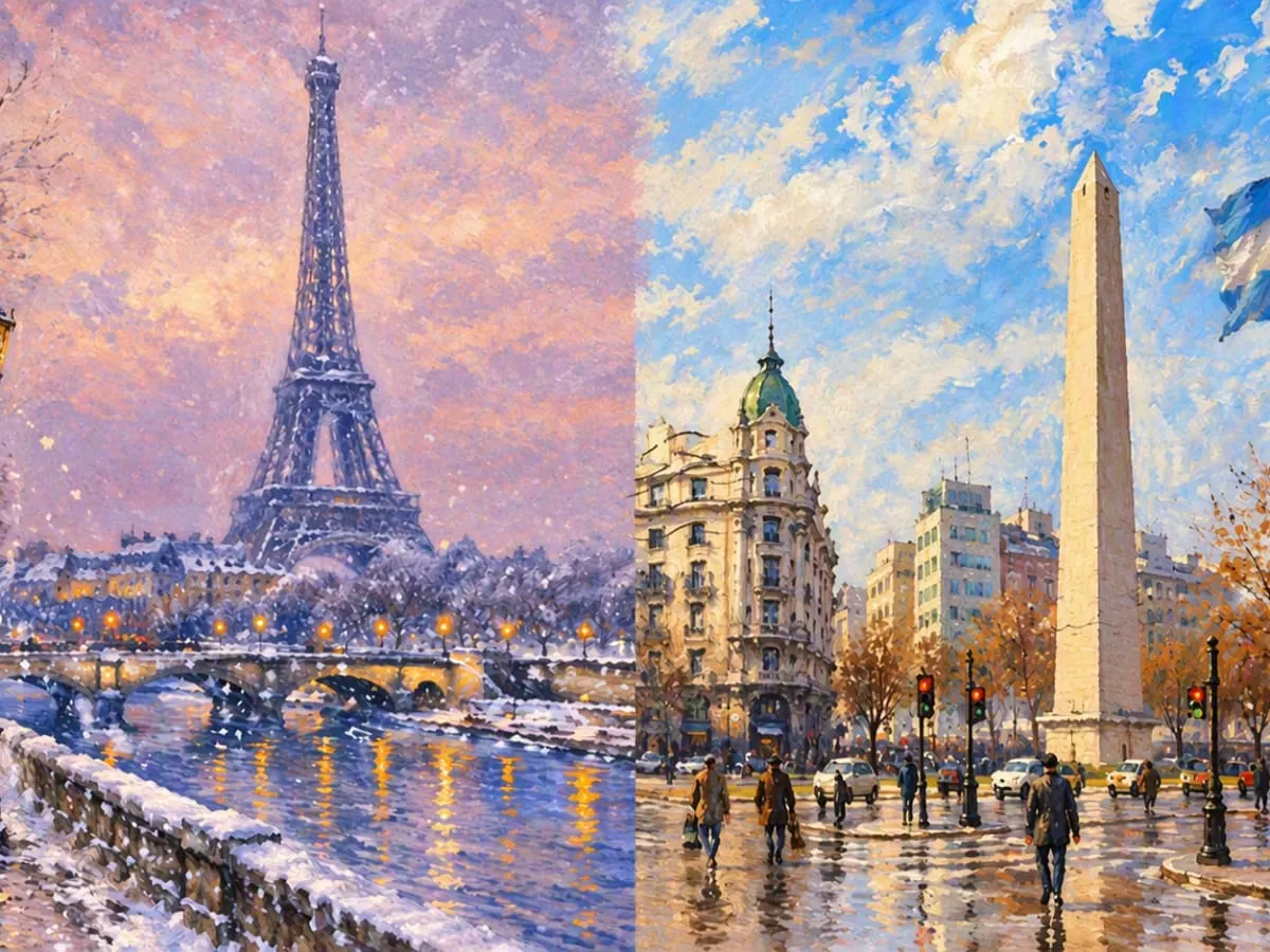 Illustrations de cartes postales représentant Paris et Buenos Aires