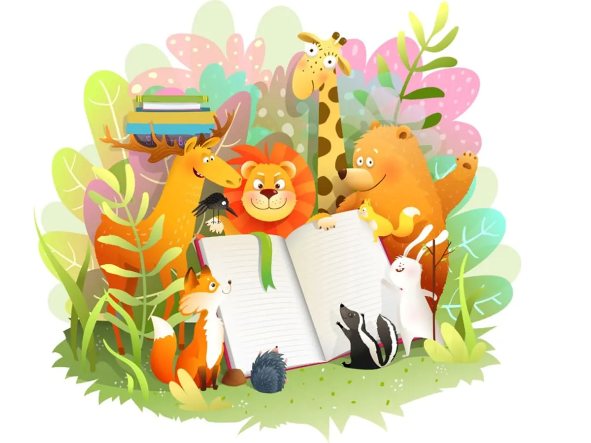 Illustration d'animaux réunis autour d'un livre ouvert