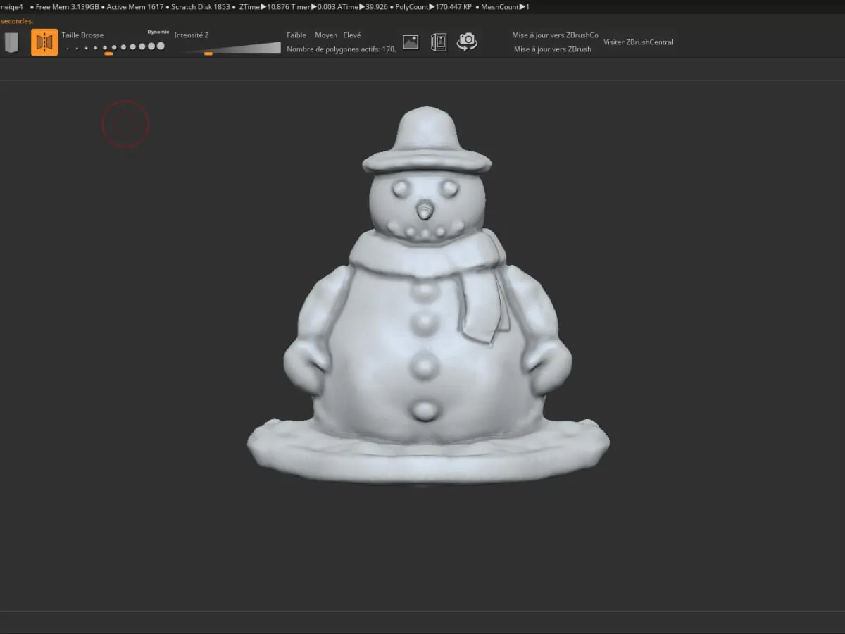Cette image est une capture d'écran du logiciel de modélisation et de sculpture 3D ZBrushCoreMini 2021.6.5. L'écran montre la création d'un bonhomme de neige numérique en trois dimensions.