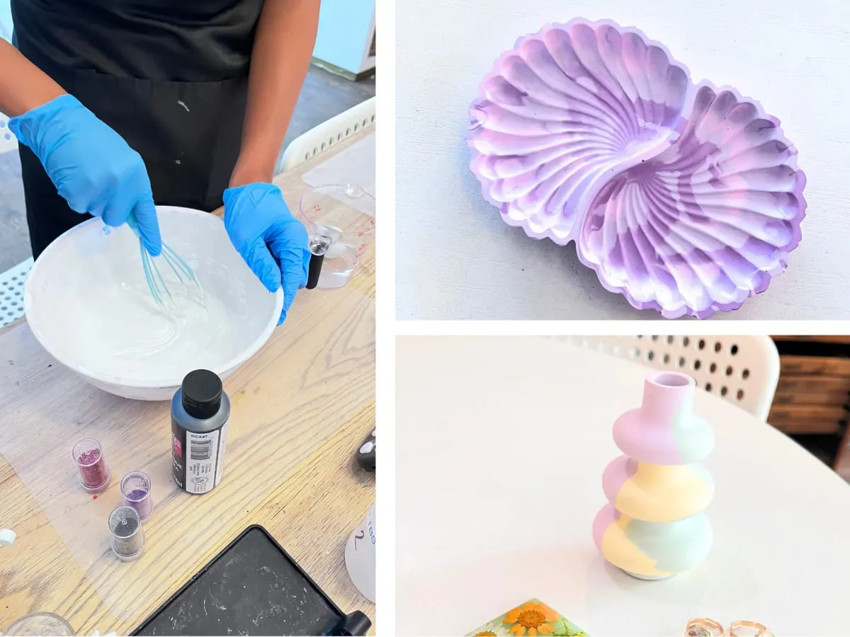 Une photo d'une personne mélangeant de la résine, ainsi qu'une photo d'un vase coloré en résine et un plat mauve en résine.