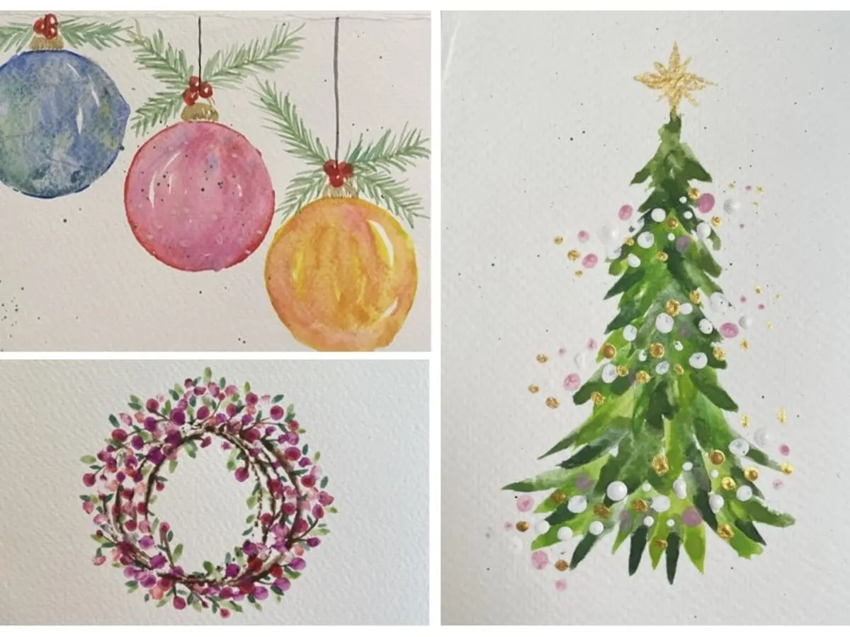 Trois images de cartes de Noël peinturés (une couronne, des boules colorées, et un sapin)