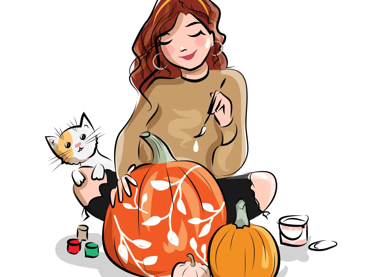 Un dessin d'une femme peinturant sur une citrouille ainsi qu'un chat à sa gauche