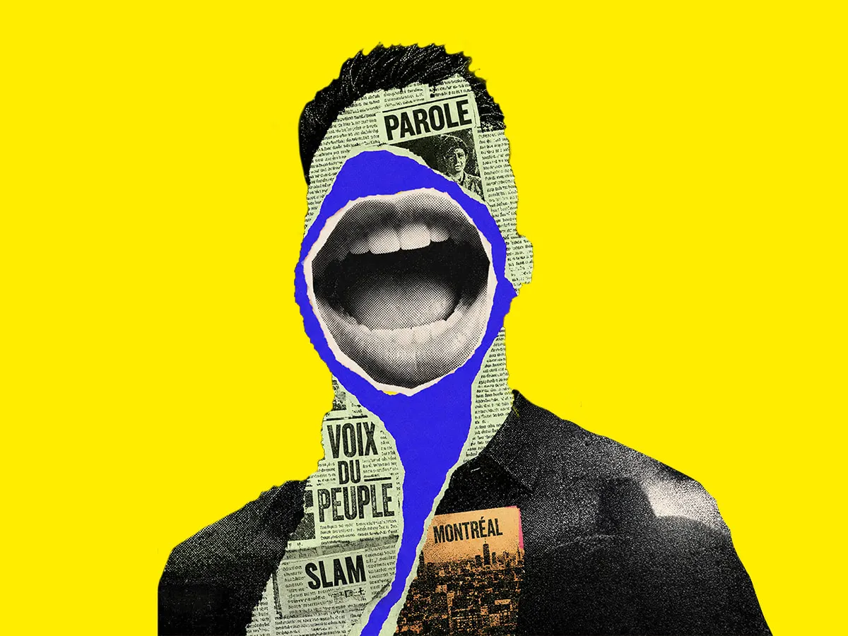Un collage d'une silouette fait avec du papier journal. Une grande bouche ouverte est au centre de l'image. Le fond est jaune éclatant.