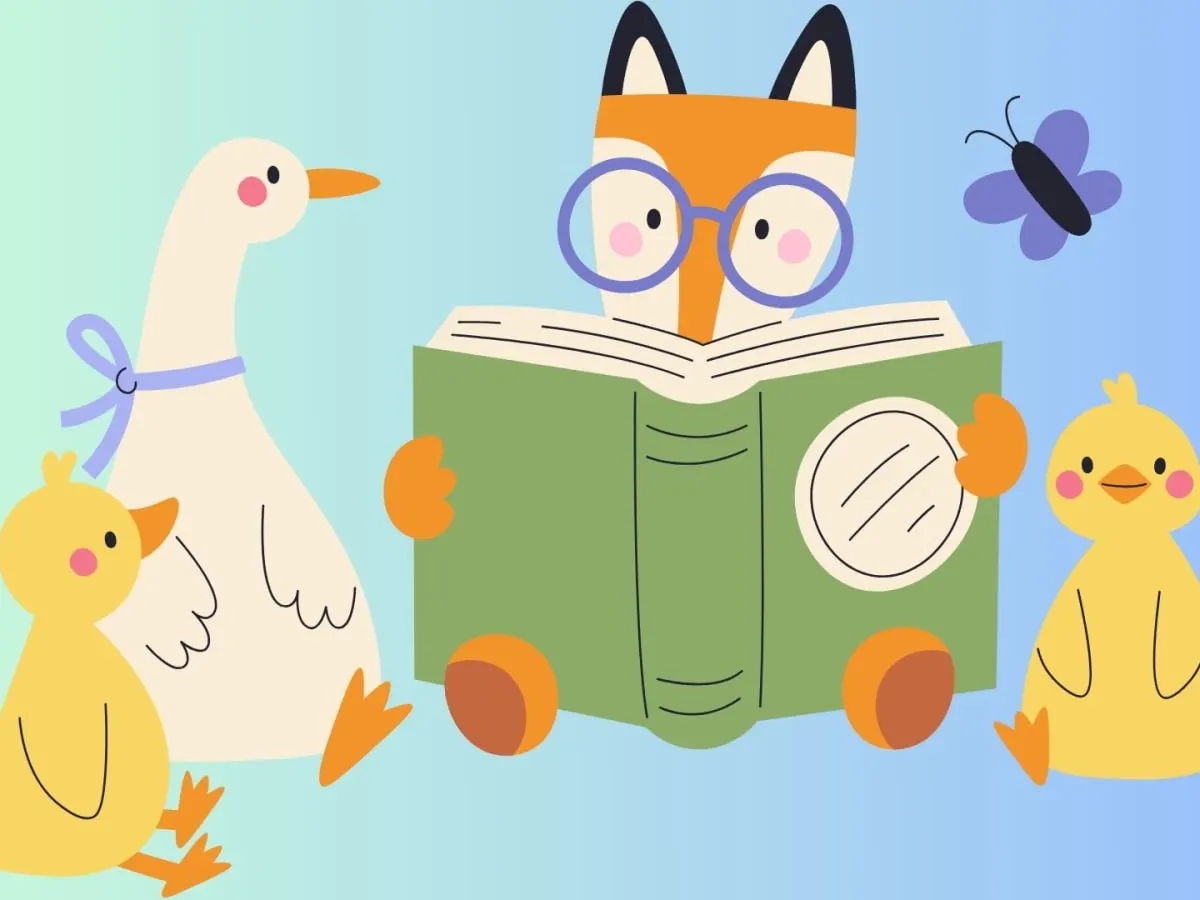 Dessin d'animaux avec un renard qui tient un livre.