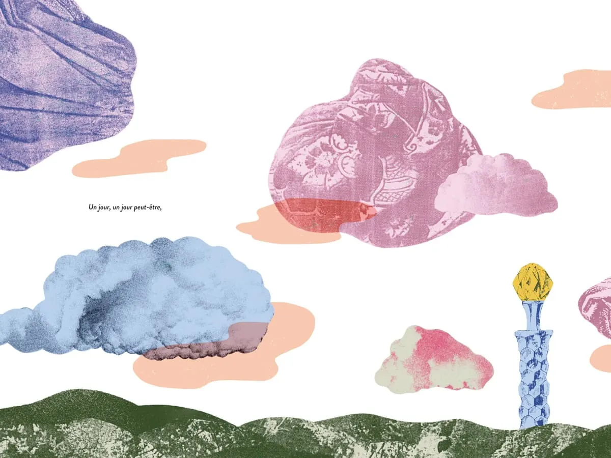 Illustration en collage de sérigraphie représentant un paysage montagne et ciel nuageux